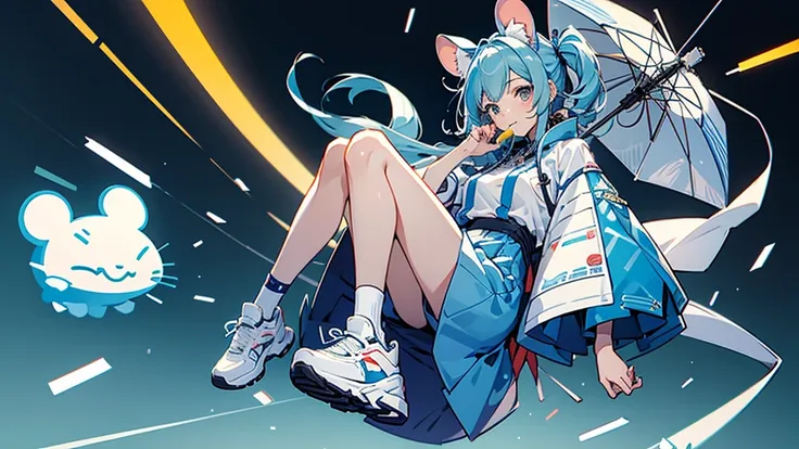 ネズミをモチーフにしたキャラクター, サイバーパンク, オーバーサイズパーカー, Wearing big sneakers, whole body, girl, Chewing candy, Simple Background, light blue hair, mouse ears, tachi-e, UHD, best quality, highres, 8k