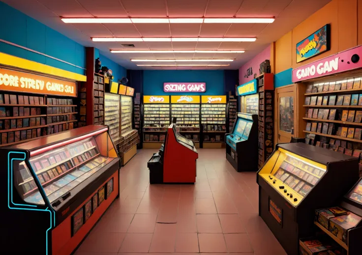 a retro 80s video game store, detailed interior, shelves filled with classic video games, customers browsing, nostalgia, warm li...