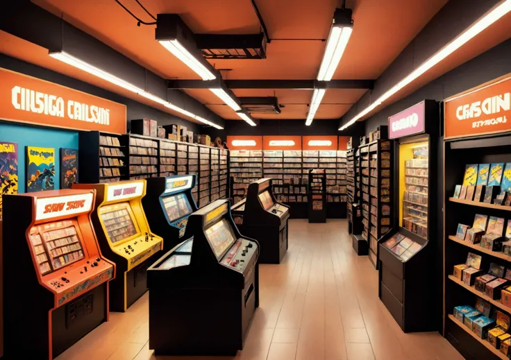 a retro 80s video game store, detailed interior, shelves filled with classic video games, customers browsing, nostalgia, warm lighting, vintage decor, detailed textures, high quality, photorealist
