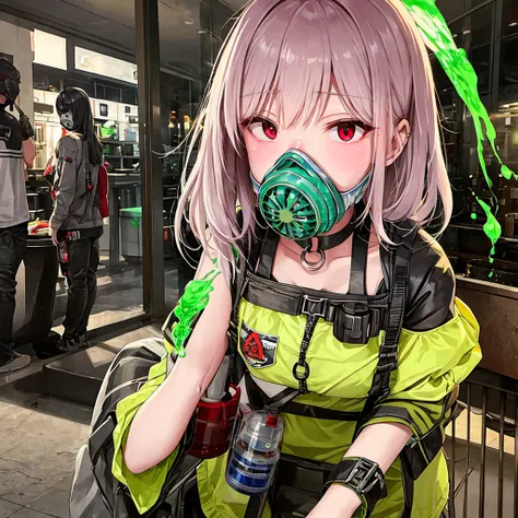 female acidic saliva, toxic gas mask with green acid, smoke, red eyes, long hair,