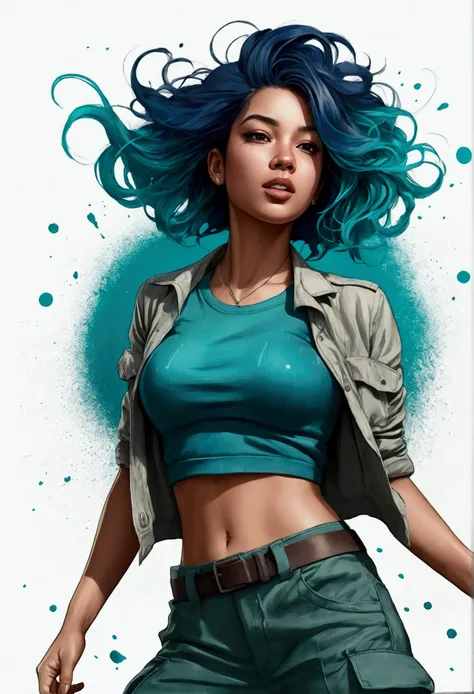 samdoesarts style award-winning half-length portrait of a beautiful woman in a crop top and cargo pants with teal navy blue ombre hairstyle with moving head and flying hair, ink spatter, sneezing, to escape, vaporware, flat shaded illustration, digitl art,...