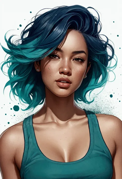 samdoesarts style award-winning half-length portrait of a beautiful woman in a crop top and cargo pants with teal navy blue ombre hairstyle with moving head and flying hair, ink spatter, sneezing, to escape, vaporware, flat shaded illustration, digitl art,...