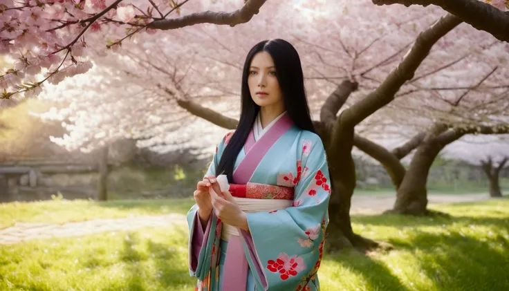 a beautiful woman with long black hair and kind eyes, wearing a colorful kimono, holding bandages in her hand, standing under a giant blooming cherry blossom tree, soft sunlight shining through the branches, creating a dreamy atmosphere, ethereal, compassi...