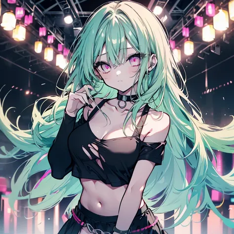 1 girl、mature、Ample breasts、Long Hair、Mint green hair、Pink Eyes、Punk Costume、Idol、black t-shirts、Shoulder Bare、camisole、Torn T-shirt、belly button、choker、mini skirt、Ripped black knee-highs、Cinema Lighting、live、stage、Spotlight、Penlight light、High resolution、...