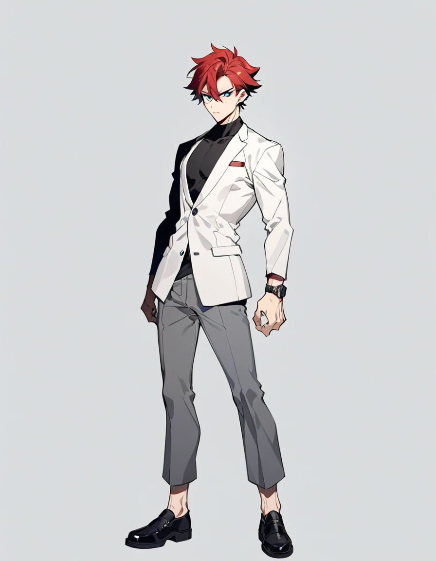 A anime man, short red hair, blue eyes, white jacket, black t-shirt, gray pants, intimidate expression, black shoes, thin body, adult, standing, full body, slightly muscular body