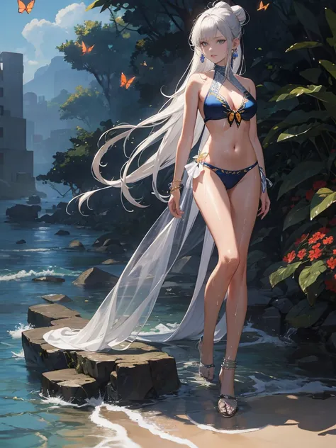 High resolution, masterpiece, accurate, Highest quality, Winner of numerous awards, High-resolution model, 
Silver Hair, Wet Hair, Super long hair, Bun Hair, ponytail, 
slender、
Seaside, 
Butterfly Hair Ornament, Crystal Earrings, 
Swimwear, Simple bikini,...