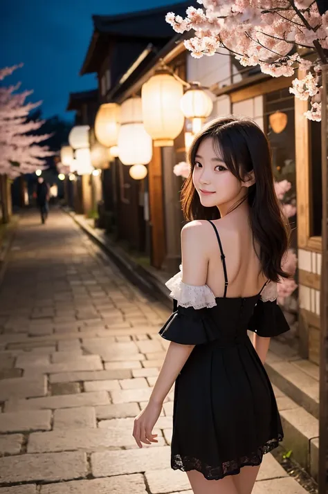 This image contains、It depicts a beautiful Japanese girl walking down a street at night.。In the background, cherry blossoms are in full bloom.、The warm light of the lanterns illuminates the streets.。The beautiful girl is wearing a black dress that reveals ...