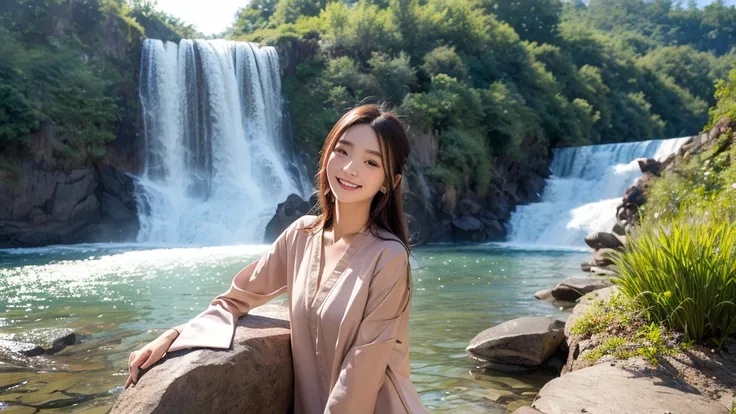 Being hit by a waterfall on a rock、Physiologically correct body、Formal wear、Cute 20 year old girl、Medium Hair,Natural color lip, Blur the background、One person、Monks attire、smile