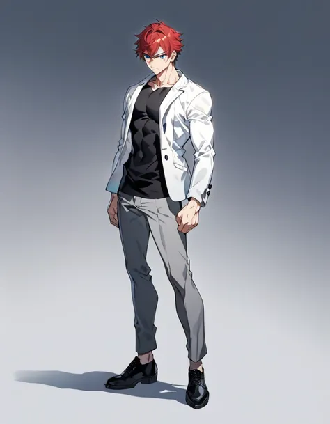 A anime man, short red hair, blue eyes, white jacket, black t-shirt, gray pants, intimidate expression, black shoes, thin body, adult, standing, full body, slightly muscular body