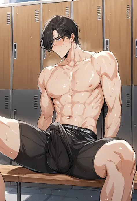 (Detailed) , (masterpiece), (high quality), (low exposure), (manhwa style), 1boy, anime male, black hair styled in a middle part, blue eyes, sweating, black soccer uniform, bulge in pants, tall, athletic body, sitting on bench, leaning back against locker,...