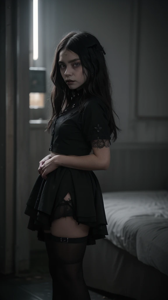 13 year old young sexy girl, black mushroom-shaped hair in gothic style, similar to chloë grace moretz, two-piece goth dress, mi...