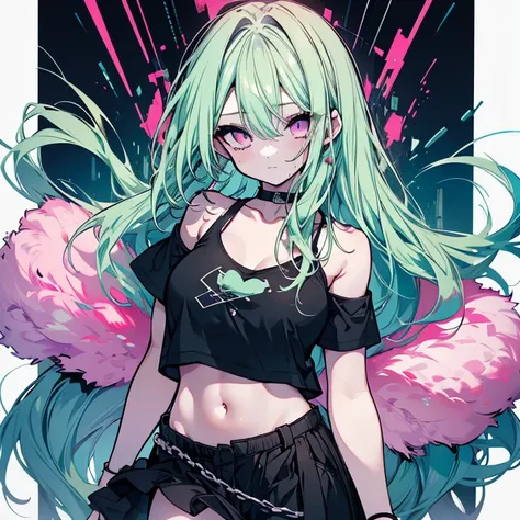 1 girl、mature、Ample breasts、Long Hair、Mint green hair、Pink Eyes、Punk Costume、Idol、black t-shirts、Shoulder Bare、camisole、Torn T-shirt、belly button、choker、mini skirt、Ripped black knee-highs、Night view、High resolution、Highest quality