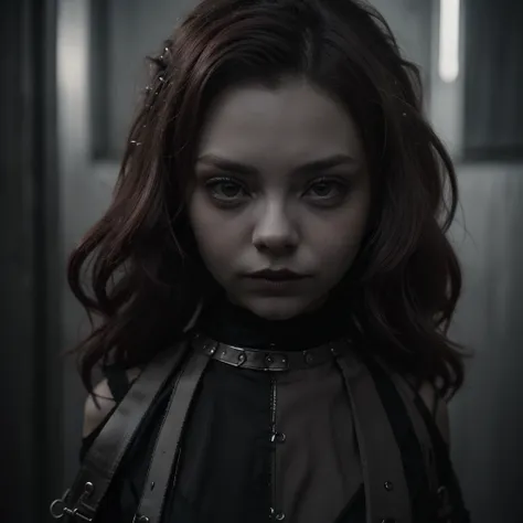 13 year old young sexy girl, red mushroom-shaped hair in gothic style, similar to Chloë Grace Moretz, two-piece goth dress, mini skirt, high quality, perfect hands, super detailed full body shot, detailed facial features, dark moody atmosphere, Renaissance...