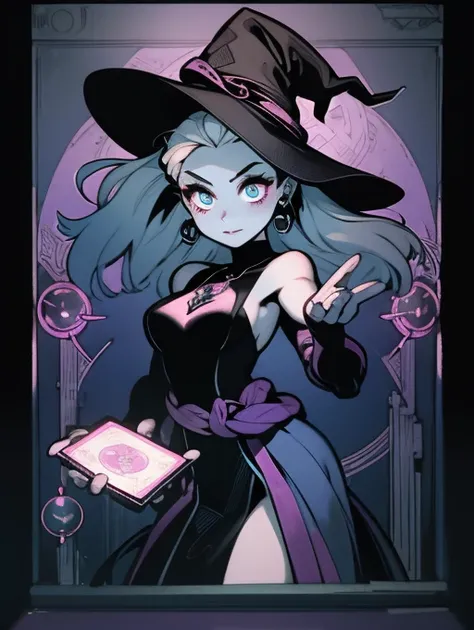 depicts a modern-day witch who has embraced the world of cybernetics to enhance her magical abilities. The artwork should convey the enchanting blend of traditional witchcraft and futuristic technology. Here are some specific elements to include: The Witch...