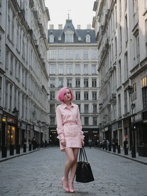 her name is Amelie, high quality, 1girl, ((25-year-old fit Caucasian woman)), ((25 years old)), ((BODY TYPE: HOURGLASS)), ((Grunge Bob pink hair)), pose: standing, wearing SOPHISTICATED courant Generation-Z modern wear bright colored, BACKGROUND: "Walking ...