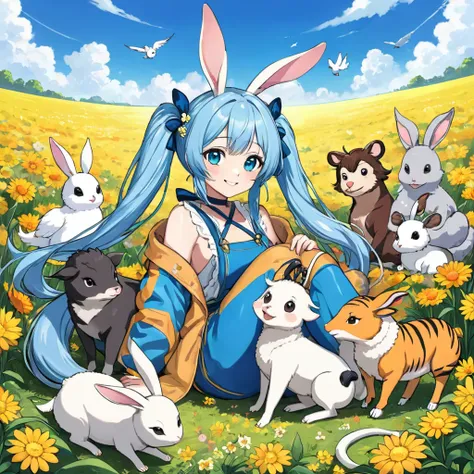 Anime girl sitting surrounded by animals in a flower field under a blue sky, Light blue long hair、Twin tails 、Bright smile、Tiger　dragon　mouse or rat　ox　Rabbit　snake　sheep　dog　pig　monkey　bird horse　Anime fantasy illustration, 