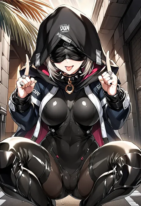 (((Thumb, index finger, middle finger, ring finger, little finger))), (((hands_up, double piece_sign, double_v:1.1, two fingers up))), hood, jacket, (((body suit))), black clothes, black wear, (((black tights))), weapon, cowboy shot, (((blindfold))), beaut...