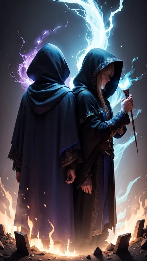 wizard couple, magic all around, both with hood, darkness background, faces not visible 