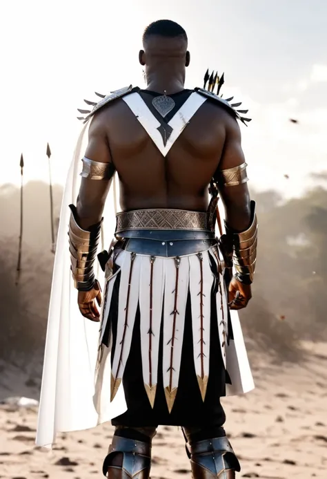 Backside view shot of a black man with African designed warrior armour with his sword in its sheath and white Cape looking at a sky full of arrows aiming towards him, arrows falling from the sky towards him while some are seen on the ground pierced through...