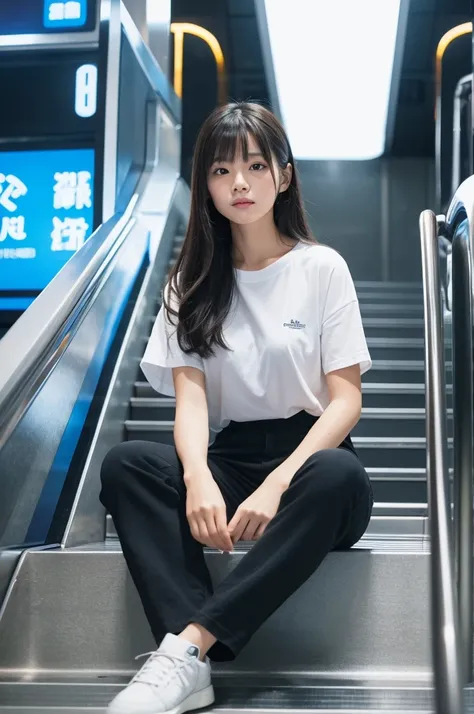 This image contains、The scene shows a beautiful Japanese girl sitting in the middle of an escalator.。The background is a futuristic urban shopping mall with shining neon lights.、The blue light illuminates the whole、It gives off a cool and stylish vibe.。

T...