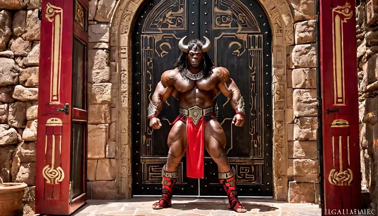  (mythological monster) (black minotaur), long black hair, super muscular on steroids, dressed in black and dark red armor, in the background a large door attached to the side of a mountain, the magic door contains around you Egyptian symbols, detailed ima...