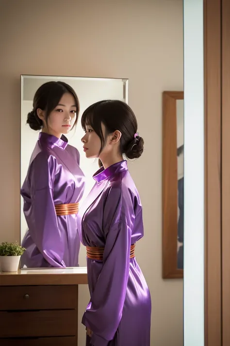 This image contains、A beautiful Japanese girl is wearing a shiny, thin purple outfit.、Standing close to the mirror。There are several warm-colored, blurred light sources reflected in the background.、It creates a calming atmosphere in the room.。

The beautif...