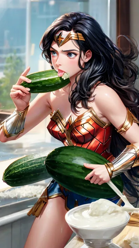 Wonder Woman eats cucumber with milk