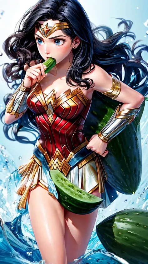 Wonder Woman eats cucumber with milk