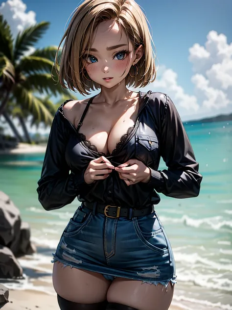 android 18, android 18, blonde hair, blue eyes, eyelash, hoop earrings, short hair, earrings, break belt, black legwear, black shirt, breast pocket, cleavage, clavicle, denim, denim skirt, high-waist skirt, jewelry, long sleeve, pocket, shirt, shirt tucked...