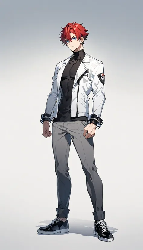 A anime man, short red hair, blue eyes, white jacket, black t-shirt, gray pants, intimidate expression, black shoes, thin body, adult, standing, full body, slightly muscular body