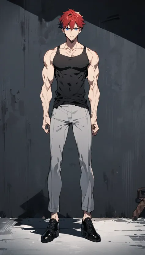 A anime man, short red hair, blue eyes, white jacket, black t-shirt, gray pants, intimidate expression, black shoes, thin body, adult, standing, full body, slightly muscular body