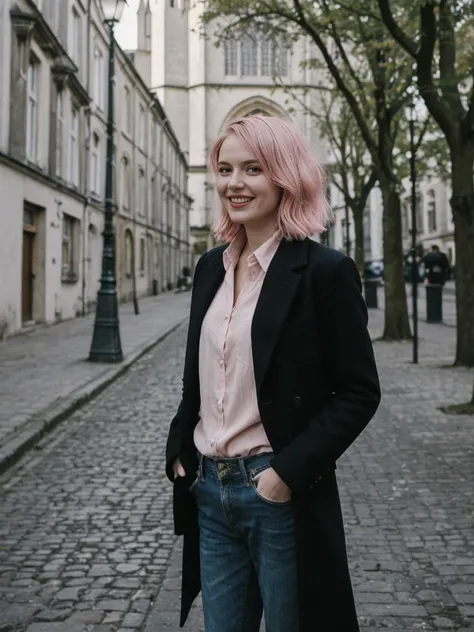 her name is Amelie, high quality, 1girl, ((25-year-old fit Caucasian woman)), ((25 years old)), ((BODY TYPE: HOURGLASS)), ((Grunge Bob pink hair)), smiling, pose: standing, wearing SOPHISTICATED courant Generation-Z modern wear bright colored, BACKGROUND: ...