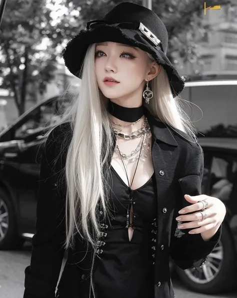 White-haired girl wearing a black outfit