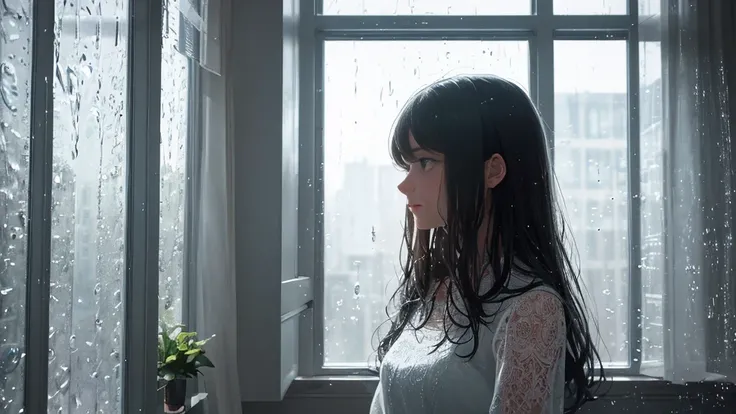 {best quality}, {very aesthetic}, {ultra-detailed}, {8k}, {Super elaborate face}, {Super-smart body},　Wet day, (A woman looking out the window indoors,), An ennui atmosphere,　Super fine hair, flat chest, 1girl,　Rain outside the window,