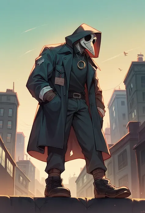 A man dressed as a bubonic plague doctor on the roof of a building watching the skyline of a city where it was raining 