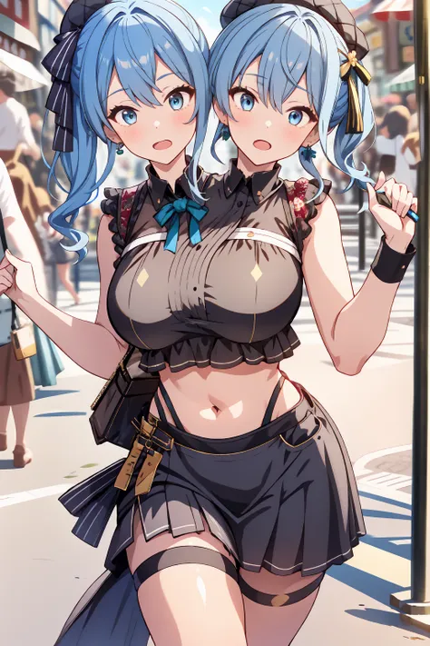 (masterpiece, best quality), best resolution, 16k, (2heads:1.5), close-up, 1girl, solo, HoshimachiSuisei, side ponytail, blue hair ribbon, SuiseiStreet, long hair, half updo, black beret, black miniskirt, black crop top, sleeveless, bow earrings, black bel...