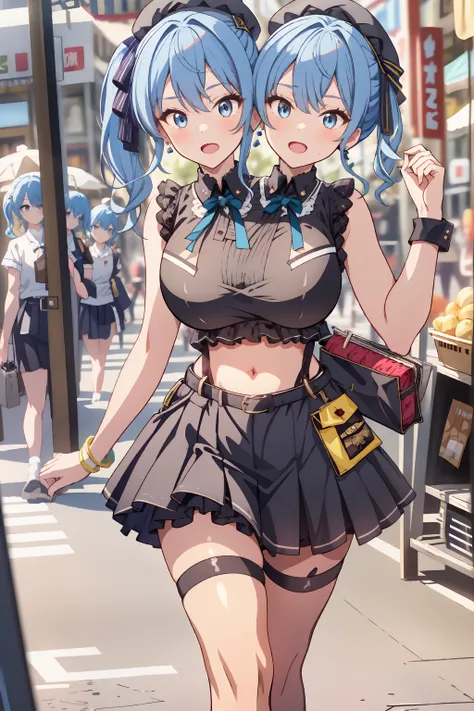 (masterpiece, best quality), best resolution, 16k, (2heads:1.5), close-up, 1girl, solo, HoshimachiSuisei, side ponytail, blue hair ribbon, SuiseiStreet, long hair, half updo, black beret, black miniskirt, black crop top, sleeveless, bow earrings, black bel...