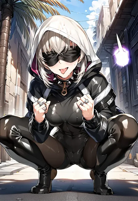 (((Thumb, index finger, middle finger, ring finger, little finger))), (((hands_up, double piece_sign, double_v:1.1, two fingers up))), hood, jacket, (((body suit))), black clothes, black wear, (((black tights))), weapon, cowboy shot, (((blindfold))), beaut...