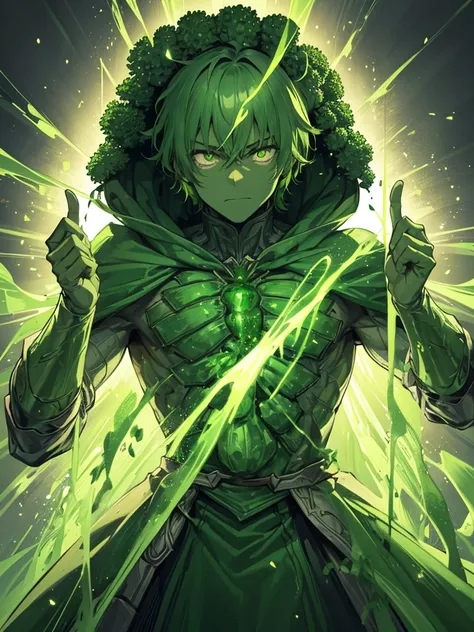 A man wrapped entirely in green broccoli,Skin color is green,Broccoli growing from head,The face is green,(Image of 1 person),cool,Holding broccoli,Broccoli Armor,Hero,A face full of anger,