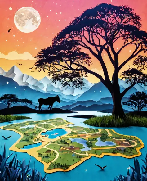 Paper cut art (((masterpiece))),best quality, illustration, African map, within African map we see a night sky, cloud, banana plantation, rivers, mountains, lions, giraffes, cows, no humans, night, birds, moon, building, night sky, scenery, starry sky, gra...