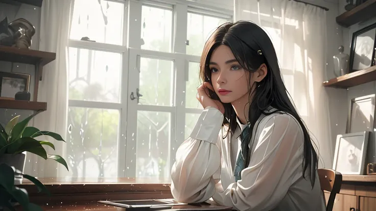 {best quality}, {very aesthetic}, {ultra-detailed}, {8k}, {Super elaborate face}, {Super-smart body},　Wet day, (A woman looking out the window indoors,), An ennui atmosphere,　Super fine hair, flat chest, 1girl,　Rain outside the window,