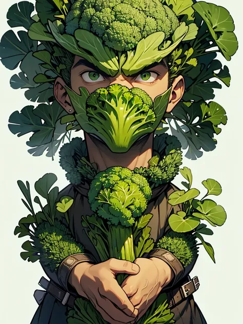 A man wrapped entirely in green broccoli,Skin color is green,Broccoli growing from head,The face is green,(Image of 1 person),cool,Holding broccoli,Broccoli Armor,Hero,A face full of anger,