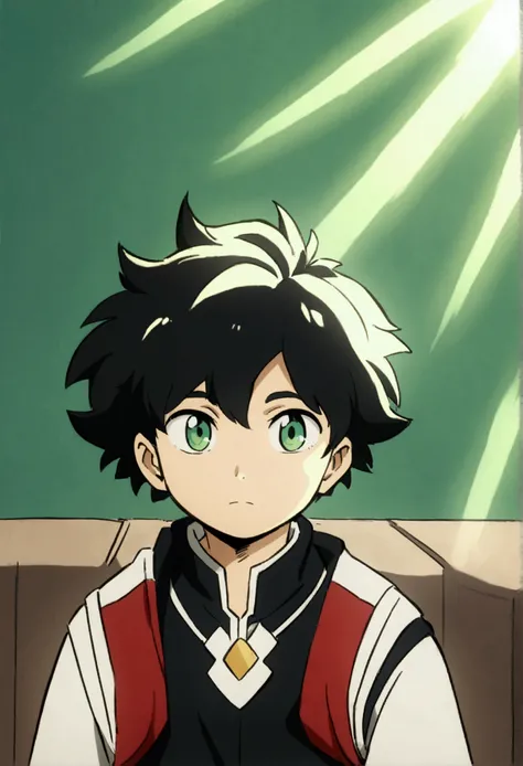  He is a 10 year old kid, He has slightly disheveled very black hair..., somewhat light green eyes, cute kid , my hero academy art style