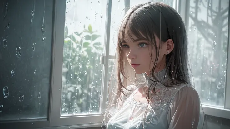 {best quality}, {very aesthetic}, {ultra-detailed}, {8k}, {Super elaborate face}, {Super-smart body},　Wet day, (A woman looking out the window indoors,Behind the scenes), An ennui atmosphere,　Super fine hair, flat chest, 1girl,　Rain outside the window,