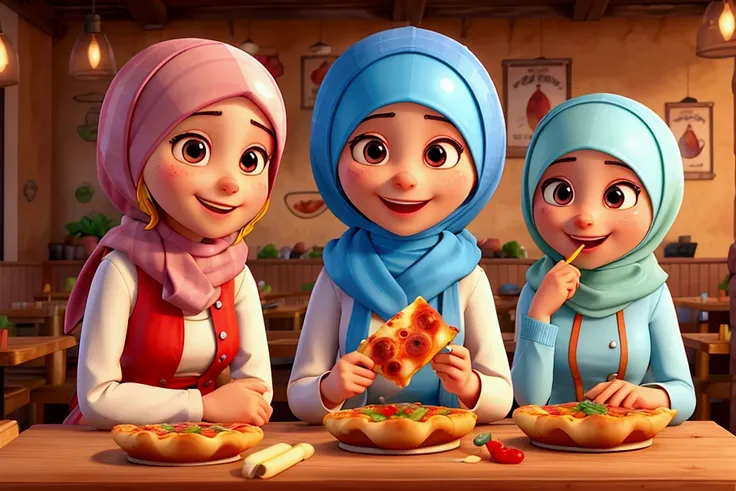 in restaurant, salad and a pizza, 3D pixat, extreme details, me and my frien eating and smiling, hijab wear