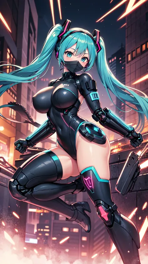 One girl, alone, (hatsune miku), Big Breasts, Aqua Hair, Aqua Eye, Twin tails, Heavy Cybernetic Boots, Heavy Cybernetic Gauntlets, Heavy Cybernetic Leotard, High heels, (Heavy cybernetic visor:1.1), cybernetic face mask, Cybernetic Armor Plating, Machinery...