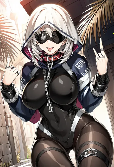 (((Thumb, index finger, middle finger, ring finger, little finger))), (((hands_up, double piece_sign, double_v:1.1, two fingers up))), hood, jacket, (((body suit))), black clothes, black wear, (((black tights))), weapon, cowboy shot, (((blindfold))), beaut...