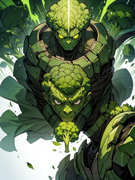 A man wrapped entirely in green broccoli,Skin color is green,Broccoli growing from head,The face is green,(Image of 1 person),cool,Holding broccoli,Broccoli Armor,Hero,A face full of anger,