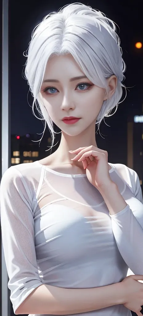 Realistic, high resolution, upper body, 1 woman, white hair, glowing eyes, shirt, transparent garment, 8K, CG, seduction, goddess, hands on the back of the head