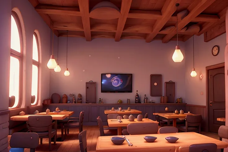 The restaurant is busy but peaceful, 3d pixar